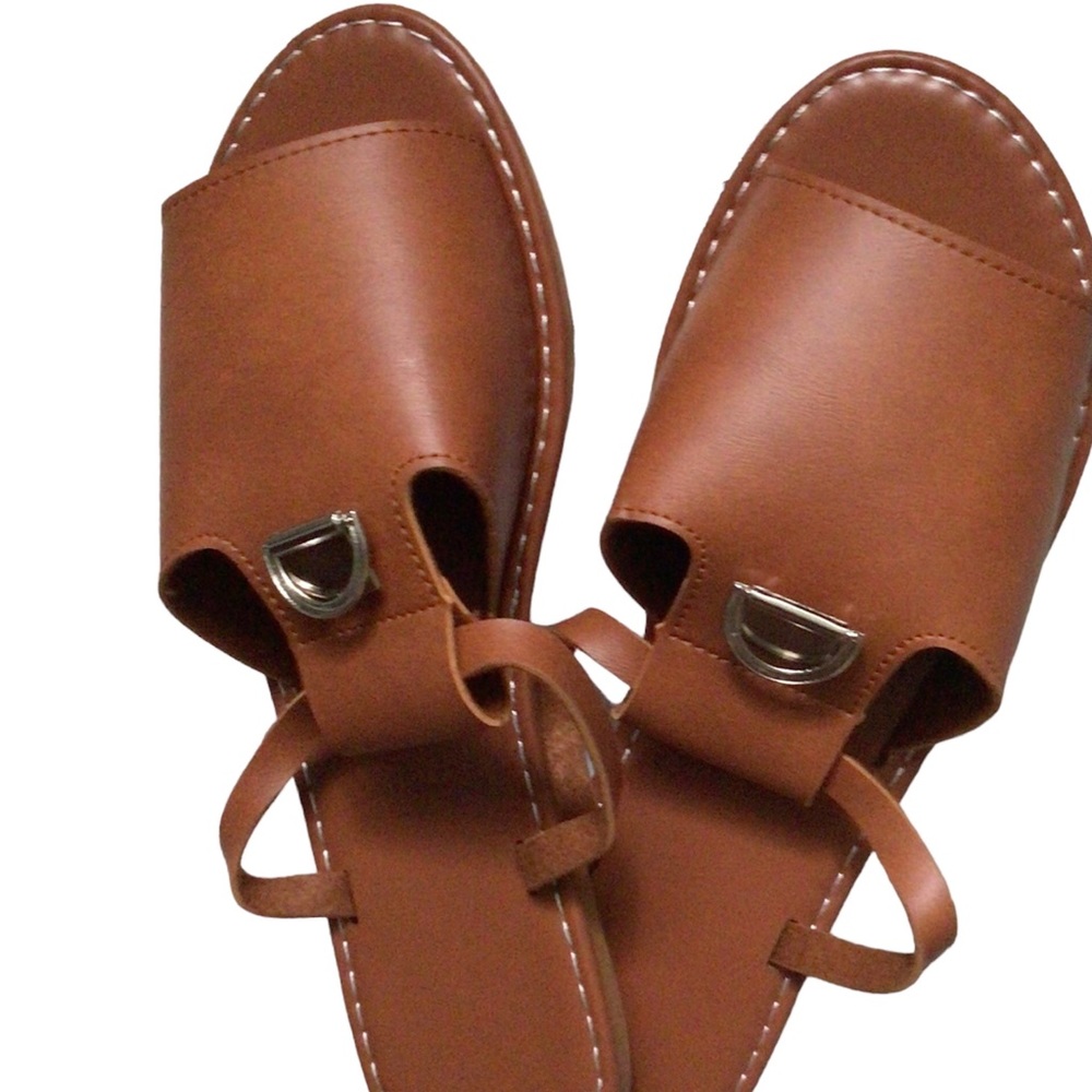 Women Metal Decor Brown PU Leather Open Toe Sandals - Picture 3 of 4